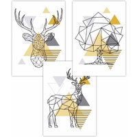 ARTZE Set of 3 Geometric Line Art Yellow Stags Tree Set Art Posters | Size: W42 cm x H59 cm