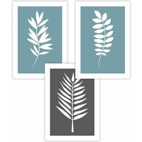 ARTZE Set of 3 Blue Grey Graphical Leaves Art Posters in Duck Egg Blue | Size: W30 cm x H42 cm