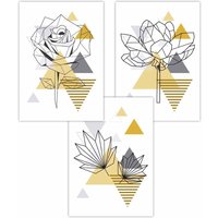 ARTZE Set of 3 Geometric Line Art Peony Rose Yellow Set Art Posters | Size: W30 cm x H42 cm