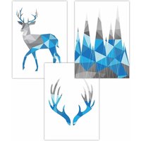 ARTZE Set of 3 Geometric Bright Blue Grey Stags Set Art Posters | Size: W42 cm x H59 cm
