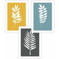 ARTZE Set of 3 Yellow Grey Blue Graphical Leaves Art Posters in Mustard | Size: W50 cm x H70 cm