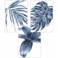 ARTZE Set of 3 Tropical Plants Navy Blue Abstract Art Posters | Size: W50 cm x H70 cm