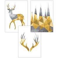 ARTZE Set of 3 Geometric Yellow Grey Stags Set Art Posters | Size: W50 cm x H70 cm