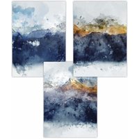 ARTZE Set of 3 Abstract Navy Blue & Yellow Mountains Art Posters | Size: W50 cm x H70 cm