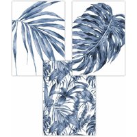 ARTZE Set of 3 Tropical Plants & Pattern Navy Blue Abstract Art Posters | Size: W30 cm x H42 cm