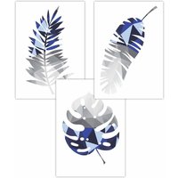 ARTZE Set of 3 Geometric Tropical Leaves In Navy Blue Grey Art Posters | Size: W42 cm x H59 cm
