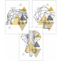 ARTZE Set of 3 Geometric Line Art Yellow Elephant Tree Set Art Posters | Size: W30 cm x H42 cm