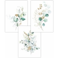 ARTZE Set of 3 Green Blue Watercolour Eucalyptus Set 1 Art Posters in Light Green | Size: W42 cm x H59 cm