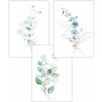 ARTZE Set of 3 Green Blue Watercolour Eucalyptus Set 2 Art Posters in Light Green | Size: W30 cm x H42 cm