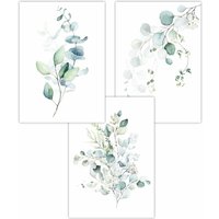 ARTZE Set of 3 Green Blue Watercolour Eucalyptus Set 3 Art Posters in Light Green | Size: W30 cm x H42 cm