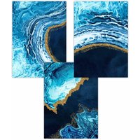 ARTZE Set of 3 Abstract Navy, Blue & Gold Oceans Art Posters in Navy | Size: W30 cm x H42 cm