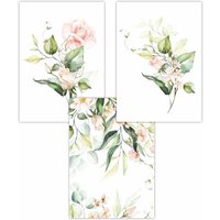 ARTZE Set of 3 Pink Watercolour Rose Bouquets Art Posters in Light Pink | Size: W42 cm x H59 cm