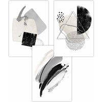 ARTZE Set of 3 Abstract Black Grey Ivory Watercolour Shapes Art Posters in Light Grey | Size: W30 cm x H42 cm
