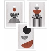 ARTZE Set of 3 Black Grey Terracotta Abstract Mid Century Geometric Art Posters | Size: W50 cm x H70 cm