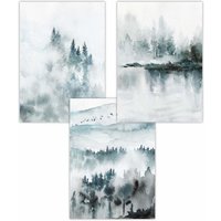 ARTZE Set of 3 Teal Blue Abstract Forest Lake Art Posters | Size: W59 cm x H84 cm