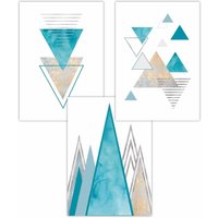 ARTZE Set of 3 Mid Century Aqua Blue Abstract Geometric Art Posters | Size: W30 cm x H42 cm