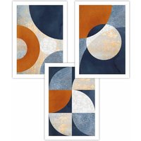 ARTZE Set of 3 Geometric Abstract Textured Circles in Navy Blue Orange Gold Art Posters in Burnt Orange | Size: W50 cm x H70 cm