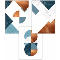 ARTZE Set of 3 Teal Orange Abstract Mid Century Geometric Art Posters | Size: W30 cm x H42 cm