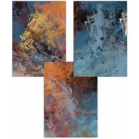 ARTZE Set of 3 Abstract Orange Blue Cerulean Dream Art Posters in Burnt Orange | Size: W50 cm x H70 cm