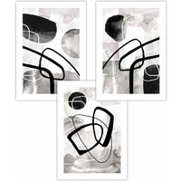 ARTZE Set of 3 Abstract Black Grey Watercolour Shapes Art Posters in Mid Grey | Size: W42 cm x H59 cm