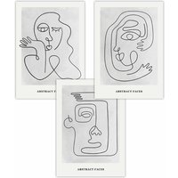 ARTZE Set of 3 Grey Abstract Line Art Faces Art Posters in Light Grey | Size: W30 cm x H42 cm