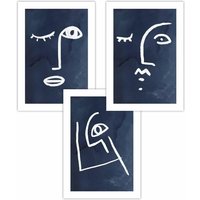ARTZE Set of 3 Navy & White Abstract Line Art Faces Art Posters | Size: W50 cm x H70 cm