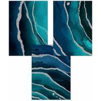 ARTZE Set of 3 Abstract Teal Blue Silver Strokes Art Posters | Size: W30 cm x H42 cm