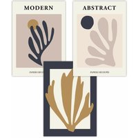 ARTZE Set of 3 Matisse Style Floral Cut Out Navy & Yellow Art Posters | Size: W59 cm x H84 cm