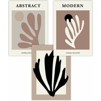 ARTZE Set of 3 Matisse Style Floral Cut Out Browns & Black Art Posters in Chocolate | Size: W30 cm x H42 cm