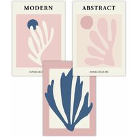 ARTZE Set of 3 Matisse Style Floral Cut Out Navy & Pink Art Posters in Dusty Pink | Size: W50 cm x H70 cm