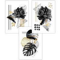 ARTZE Set of 3 Abstract Black & Gold Botanical Art Posters | Size: W30 cm x H42 cm