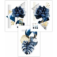 ARTZE Set of 3 Abstract Blue & Gold Botanical Art Posters in Navy | Size: W42 cm x H59 cm