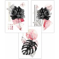 ARTZE Set of 3 Abstract Pink & Black Botanical Art Posters in Bright Pink | Size: W59 cm x H84 cm