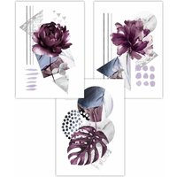 ARTZE Set of 3 Abstract Purple & Silver Botanical Art Posters | Size: W50 cm x H70 cm