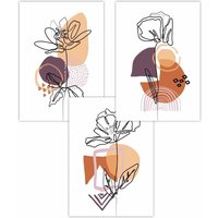 ARTZE Set of 3 Line Art Flowers on Purple Orange Boho Shapes Art Posters | Size: W42 cm x H59 cm