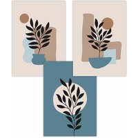 ARTZE Set of 3 Graphical Boho Floral Teal & Beige Botanical Art Posters | Size: W42 cm x H59 cm