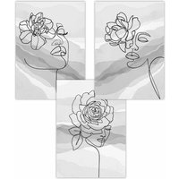 ARTZE Set of 3 Female Line Art Floral Faces on Grey Art Posters in Light Grey | Size: W42 cm x H59 cm