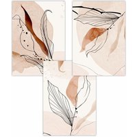 ARTZE Set of 3 Graphical Line Art Autumn Leaves Art Posters in Pale Orange | Size: W30 cm x H42 cm