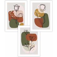 ARTZE Set of 3 Line Art Autumn Flowers on Green Yellow Boho Shapes Art Posters | Size: W59 cm x H84 cm