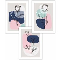 ARTZE Set of 3 Line Art Spring Flowers on Navy Pink Boho Shapes Art Posters | Size: W42 cm x H59 cm