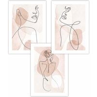 ARTZE Set of 3 Coral Pink Abstract Line Art Female Art Posters | Size: W30 cm x H42 cm