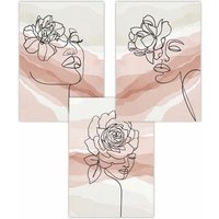 ARTZE Set of 3 Female Line Art Floral Faces on Pink & Ivory Art Posters in Light Pink | Size: W50 cm x H70 cm