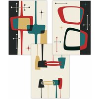 ARTZE Set of 3 Mid Century Modern in Black Teal Red Yellow Art Posters | Size: W50 cm x H70 cm