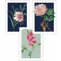 ARTZE Set of 3 Vintage Flowers Navy Blue & Sage Green Art Posters | Size: W42 cm x H59 cm