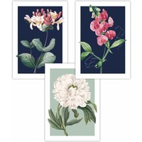 ARTZE Set of 3 Vintage Flowers Honeysuckle Blue & Green Art Posters in Navy | Size: W42 cm x H59 cm