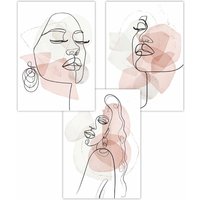 ARTZE Set of 3 One Line Abstract Fashion Faces in Pink & Ivory Art Posters in Light Pink | Size: W59 cm x H84 cm