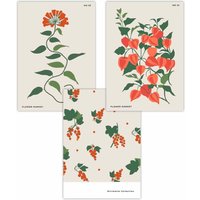 ARTZE Set of 3 Vintage Graphical Orange Flower Market Art Posters | Size: W30 cm x H42 cm