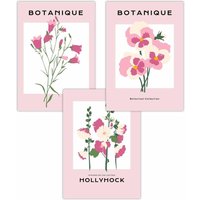 ARTZE Set of 3 Vintage Graphical Pink Hollyhock Flower Market Art Posters in Dusty Pink | Size: W50 cm x H70 cm