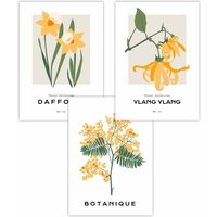 ARTZE Set of 3 Vintage Graphical Yellow Spring Flower Market Art Posters in Bright Yellow | Size: W50 cm x H70 cm