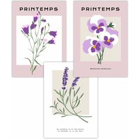 ARTZE Set of 3 Vintage Graphical Lilac Purple Spring Flower Market Art Posters | Size: W59 cm x H84 cm